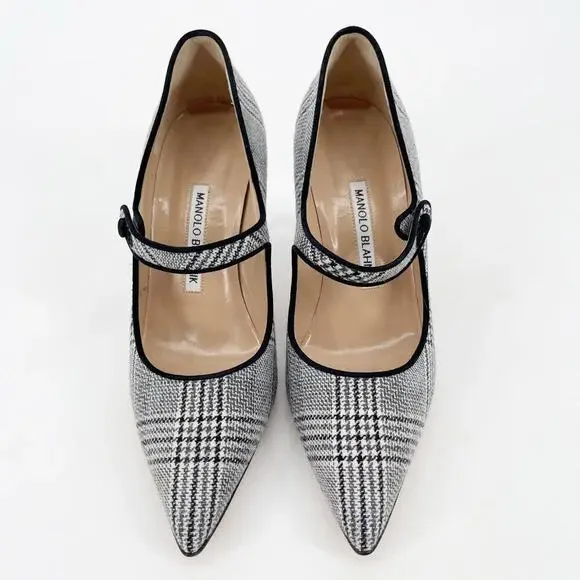 Manolo Blahnik Campari Houndstooth Wool Black Trim Mary Jane Heels Pumps IT 37.5 - Picture 5 of 11